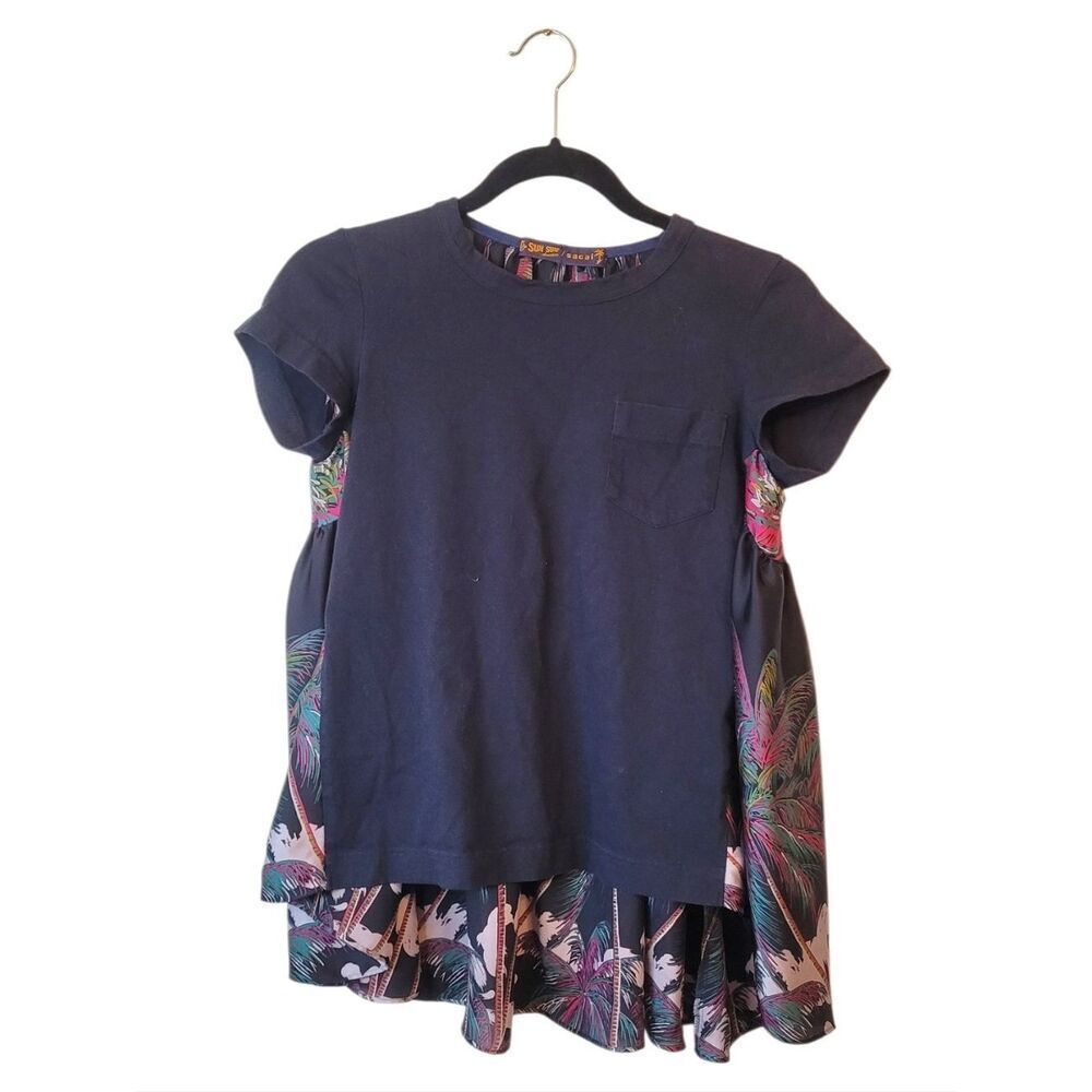 Sacai x Sun Surf 2020 Navy Blue Tropical Print Flowy Babydoll T-Shirt Size 1/S
